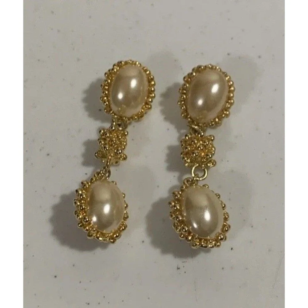 Vintage Chunky Faux White Pearl Gold Tone Statement Earrings